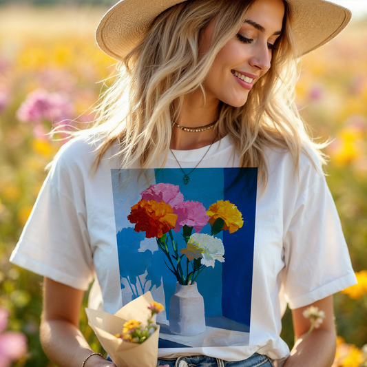 No.61 January Carnations Birth Flower T-Shirt – Premium Fine Art Tee with YOUR Personalized Quote on Back