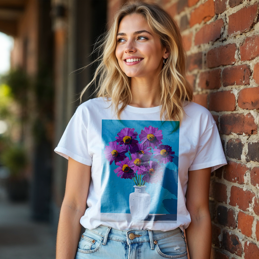 No.69 September Asters Birth Flower T-Shirt – Premium Fine Art Tee with YOUR Personalized Quote on Back