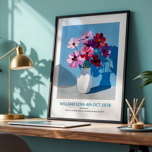 No.22 "October Cosmos", Personalised, birth month flower, fine art print on museum grade paper in high quality black wooden frame