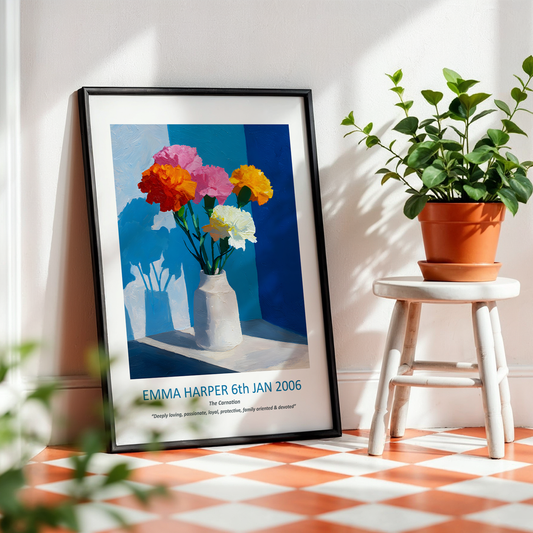 No.13 "January Carnations", Personalised, birth month flower, fine art print on museum grade paper in high quality black wooden frame