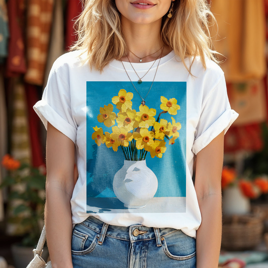 No.63 March Daffodils Birth Flower T-Shirt – Premium Fine Art Tee with YOUR Personalized Quote on Back