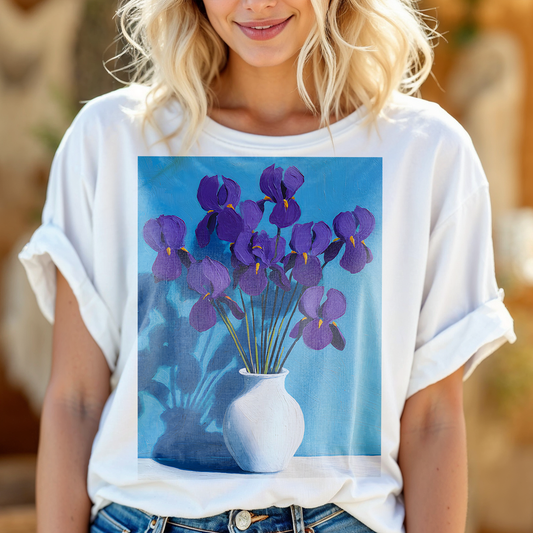 No.62 February Irises Birth Flower T-Shirt – Premium Fine Art Tee with YOUR Personalized Quote on Back