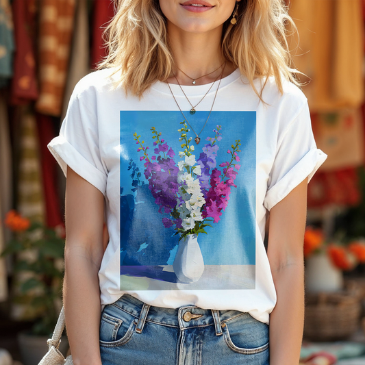 No.67 July Delphiniums Birth Flower T-Shirt – Premium Fine Art Tee with YOUR Personalized Quote on Back