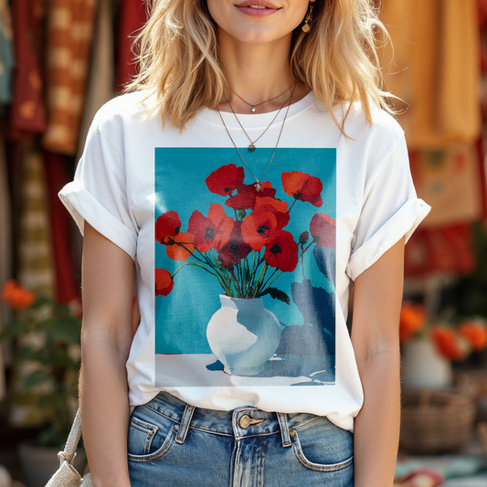 No.68 August Poppies Birth Flower T-Shirt – Premium Fine Art Tee with YOUR Personalized Quote on Back