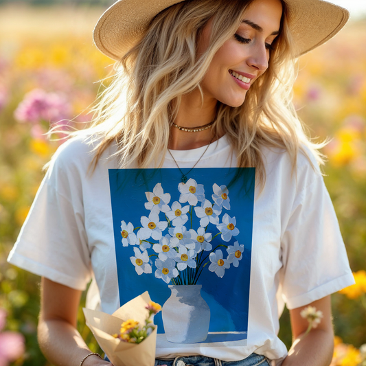 No.72 December Narcissus Birth Flower T-Shirt – Premium Fine Art Tee with YOUR Personalized Quote on Back