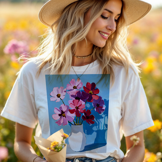 No.70 October Cosmos Birth Flower T-Shirt – Premium Fine Art Tee with YOUR Personalized Quote on Back