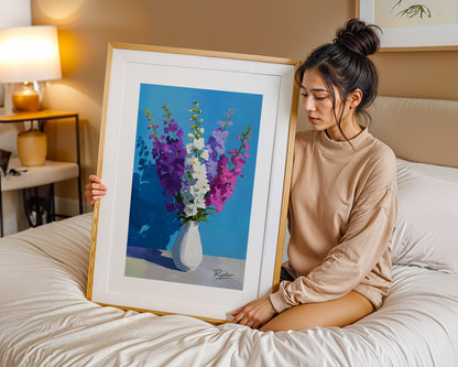 July Birth Month Delphiniums in a Vase Fine Art Print on Museum Quality Paper
