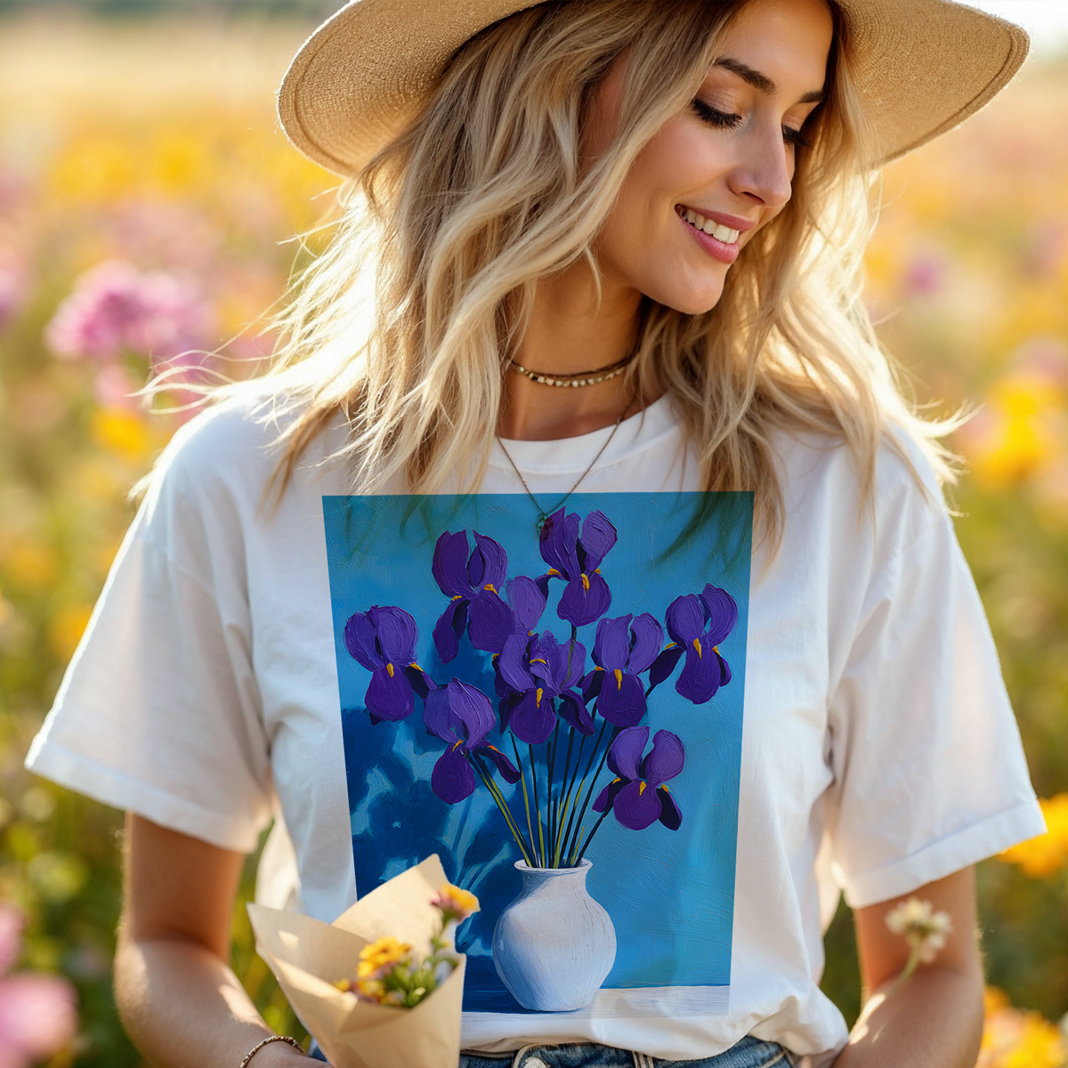 No.62 February Irises Birth Flower T-Shirt – Premium Fine Art Tee with YOUR Personalized Quote on Back
