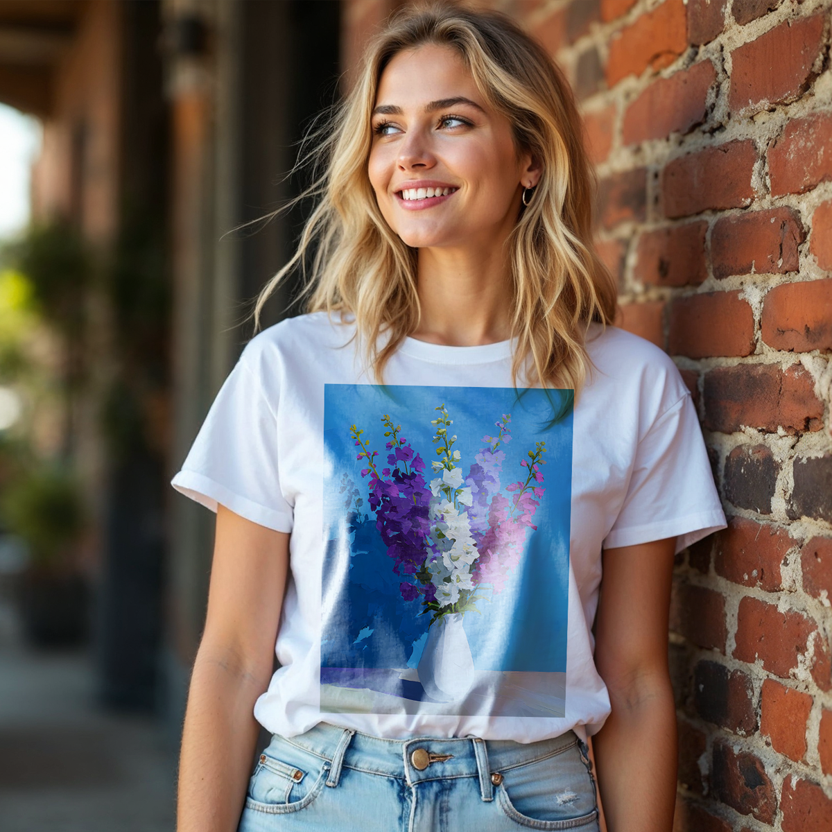 No.67 July Delphiniums Birth Flower T-Shirt – Premium Fine Art Tee with YOUR Personalized Quote on Back