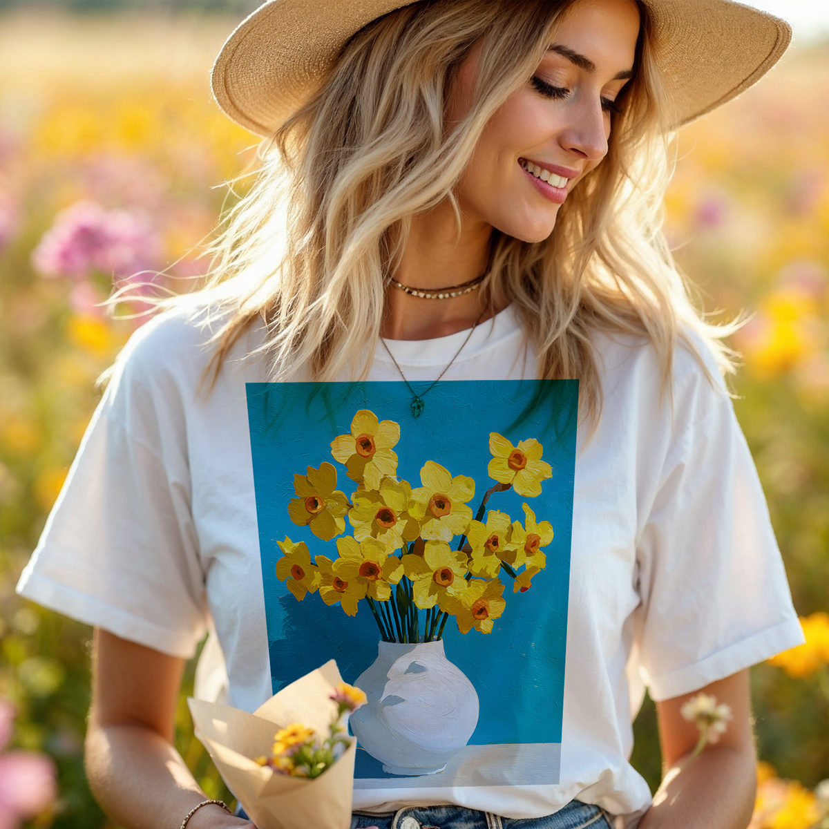No.63 March Daffodils Birth Flower T-Shirt – Premium Fine Art Tee with YOUR Personalized Quote on Back