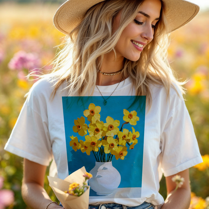 No.63 March Daffodils Birth Flower T-Shirt – Premium Fine Art Tee with YOUR Personalized Quote on Back