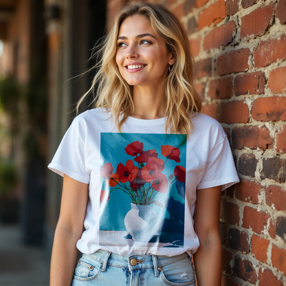 No.68 August Poppies Birth Flower T-Shirt – Premium Fine Art Tee with YOUR Personalized Quote on Back