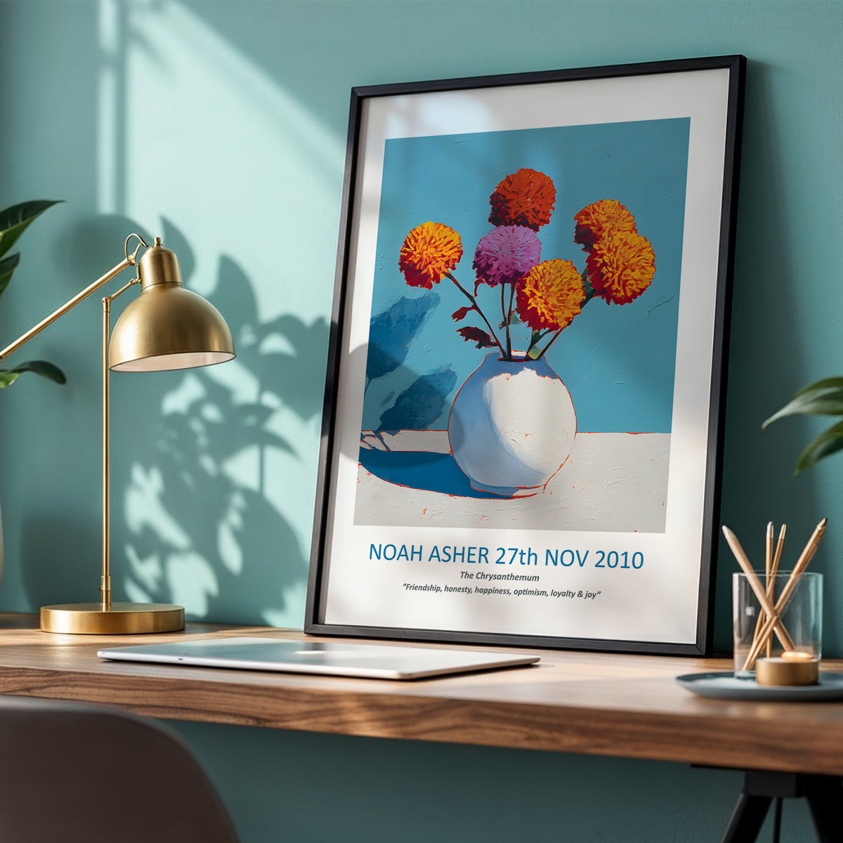 No.23 "November Chrysanthemums", Personalised, birth month flower, fine art print on museum grade paper in high quality black wooden frame