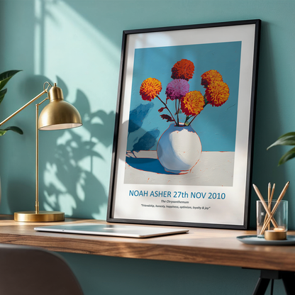 No.23 "November Chrysanthemums", Personalised, birth month flower, fine art print on museum grade paper in high quality black wooden frame