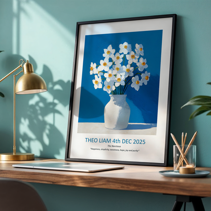 No.24 "December Narcissus", Personalised, birth month flower, fine art print on museum grade paper in high quality black wooden frame