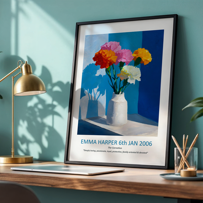 No.13 "January Carnations", Personalised, birth month flower, fine art print on museum grade paper in high quality black wooden frame