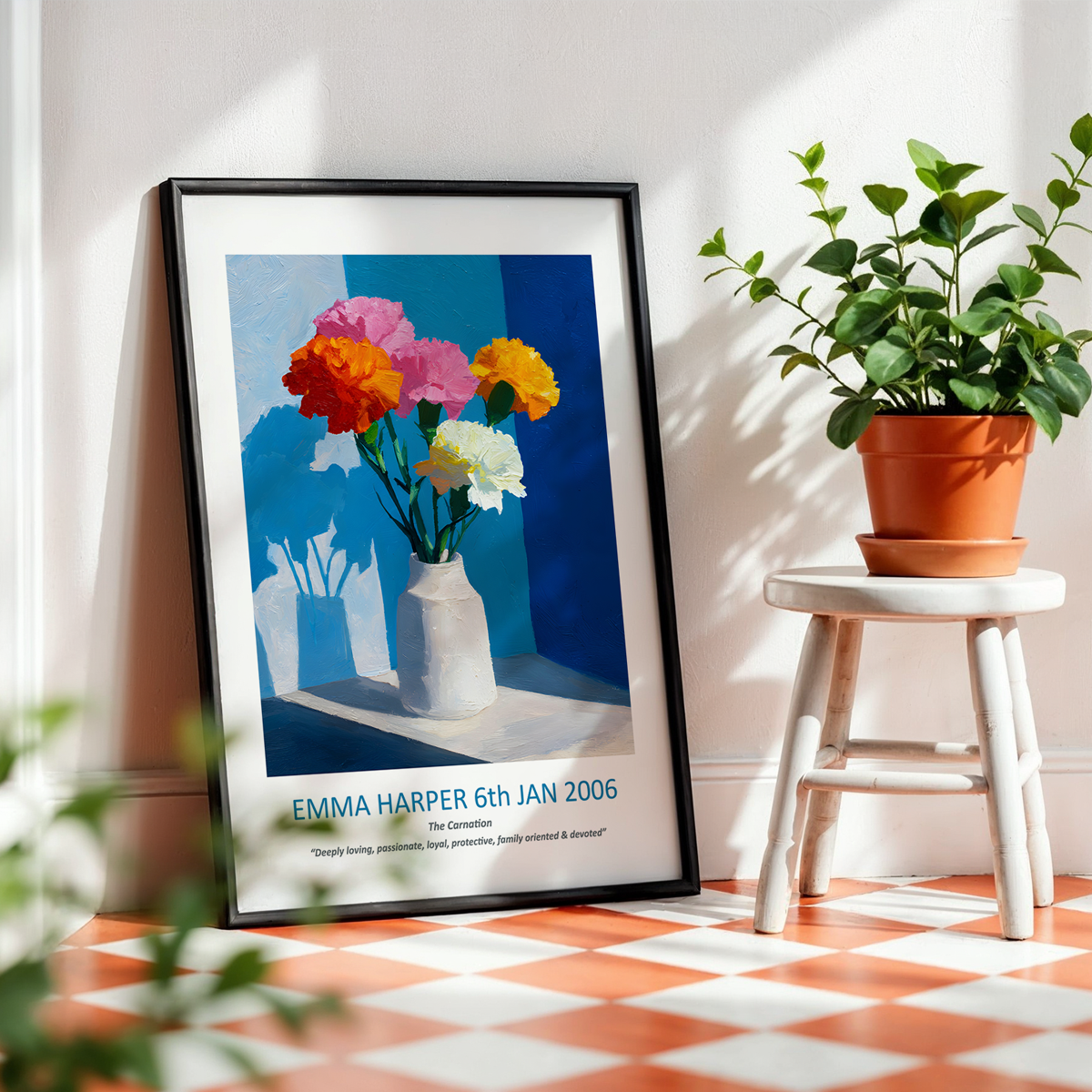 No.13 "January Carnations", Personalised, birth month flower, fine art print on museum grade paper in high quality black wooden frame