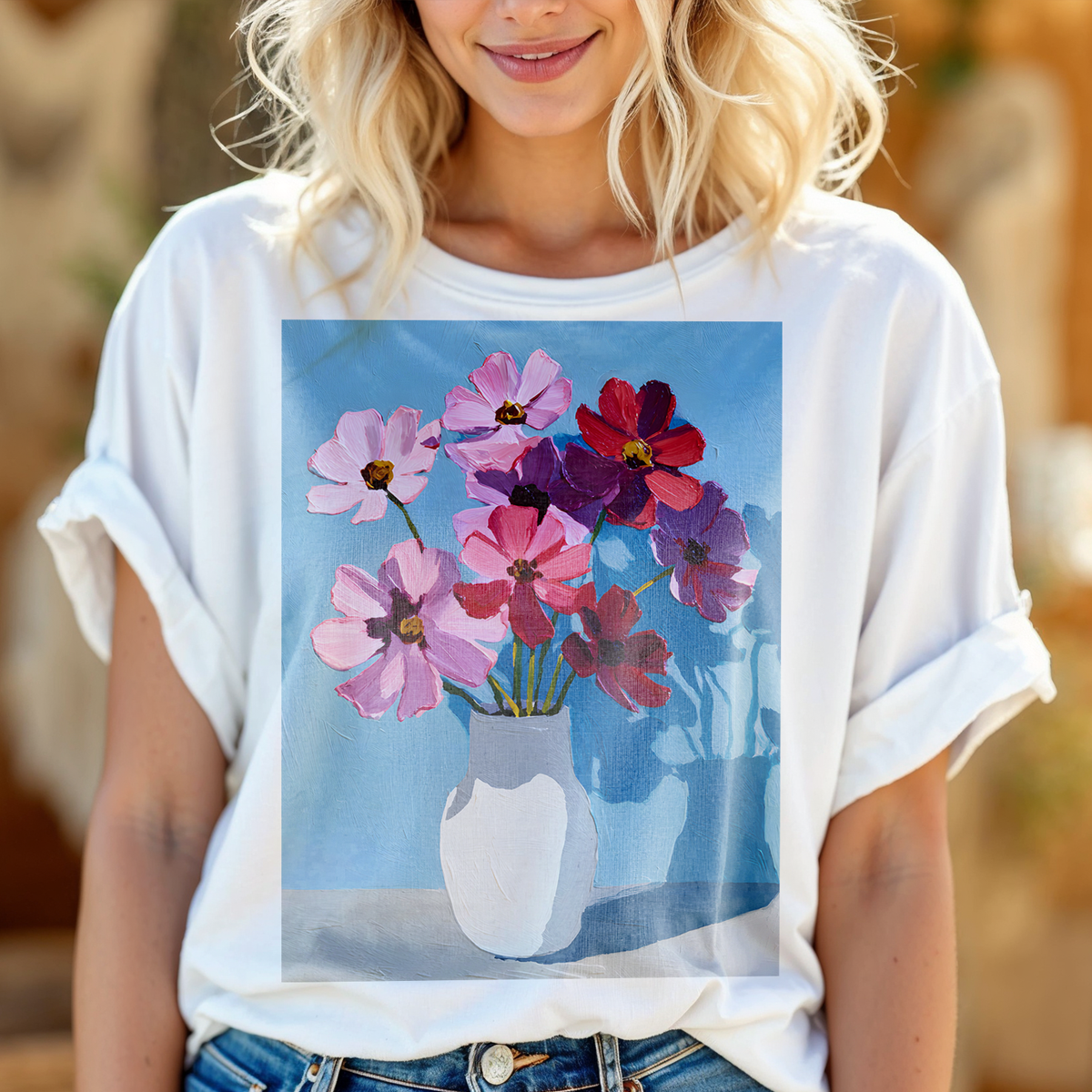 No.70 October Cosmos Birth Flower T-Shirt – Premium Fine Art Tee with YOUR Personalized Quote on Back