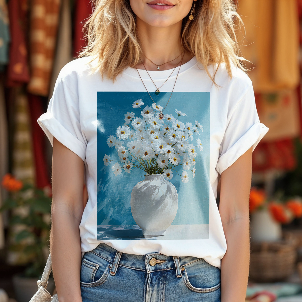 No.64 April Daisies Birth Flower T-Shirt – Premium Fine Art Tee with YOUR Personalized Quote on Back