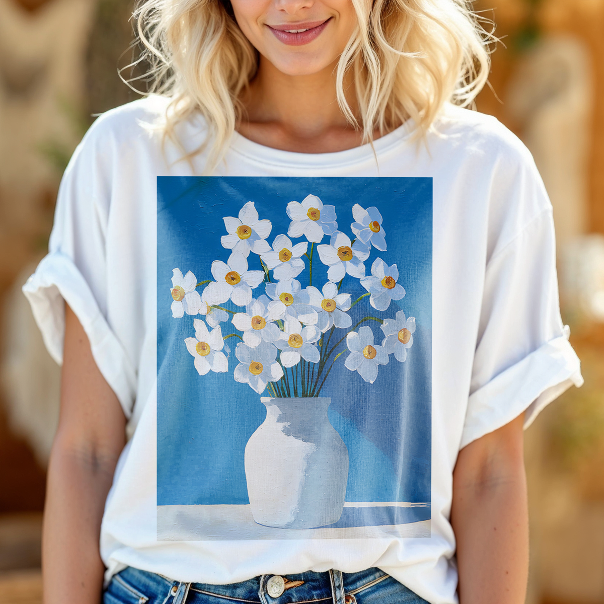 No.72 December Narcissus Birth Flower T-Shirt – Premium Fine Art Tee with YOUR Personalized Quote on Back