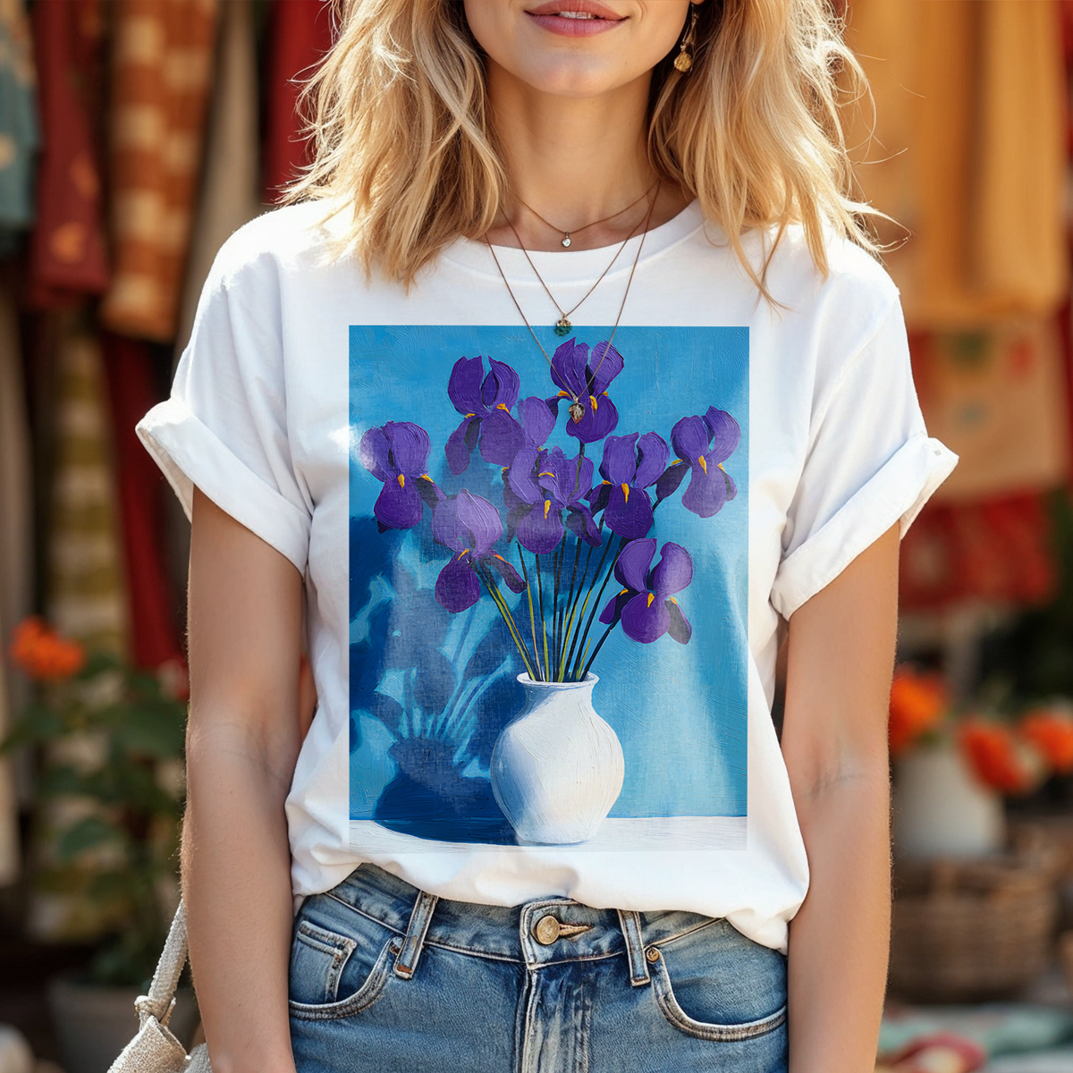 No.62 February Irises Birth Flower T-Shirt – Premium Fine Art Tee with YOUR Personalized Quote on Back