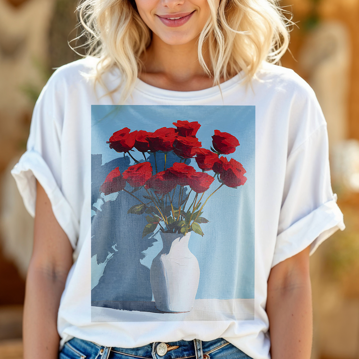 No.66 June Roses Birth Flower T-Shirt – Premium Fine Art Tee with YOUR Personalized Quote on Back
