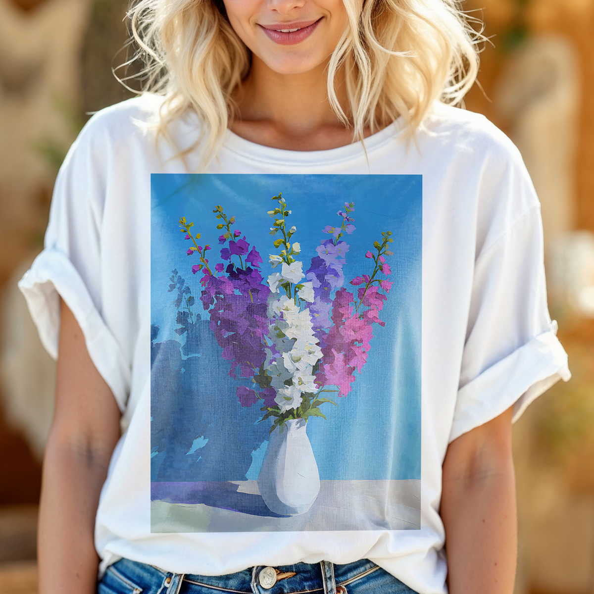 No.67 July Delphiniums Birth Flower T-Shirt – Premium Fine Art Tee with YOUR Personalized Quote on Back