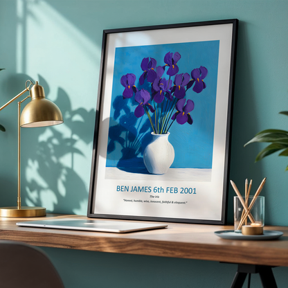 No.14 "February Irises", Personalised, birth month flower, fine art print on museum grade paper in high quality black wooden frame