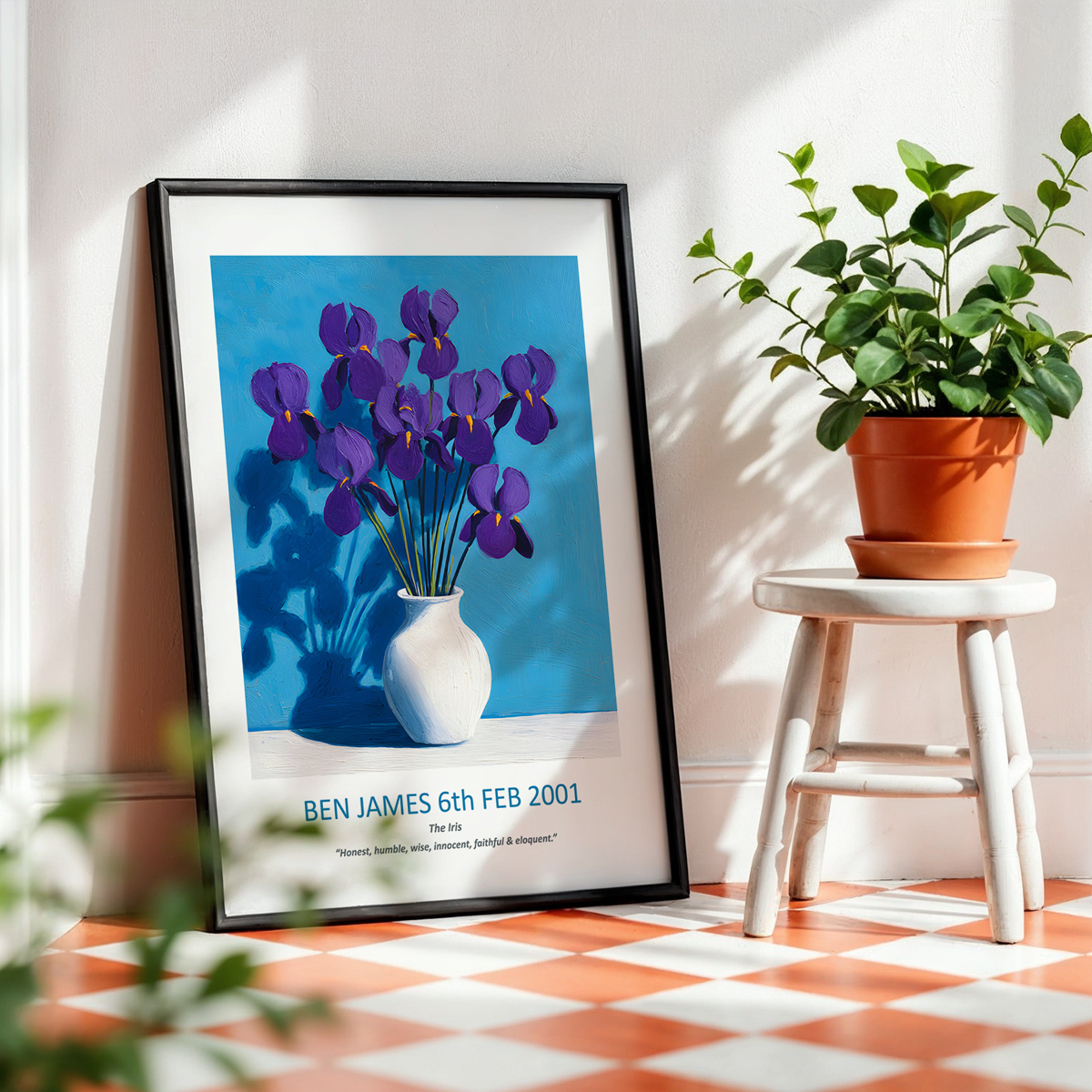 No.14 "February Irises", Personalised, birth month flower, fine art print on museum grade paper in high quality black wooden frame