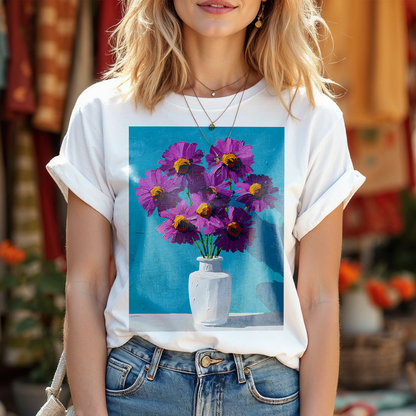 No.69 September Asters Birth Flower T-Shirt – Premium Fine Art Tee with YOUR Personalized Quote on Back