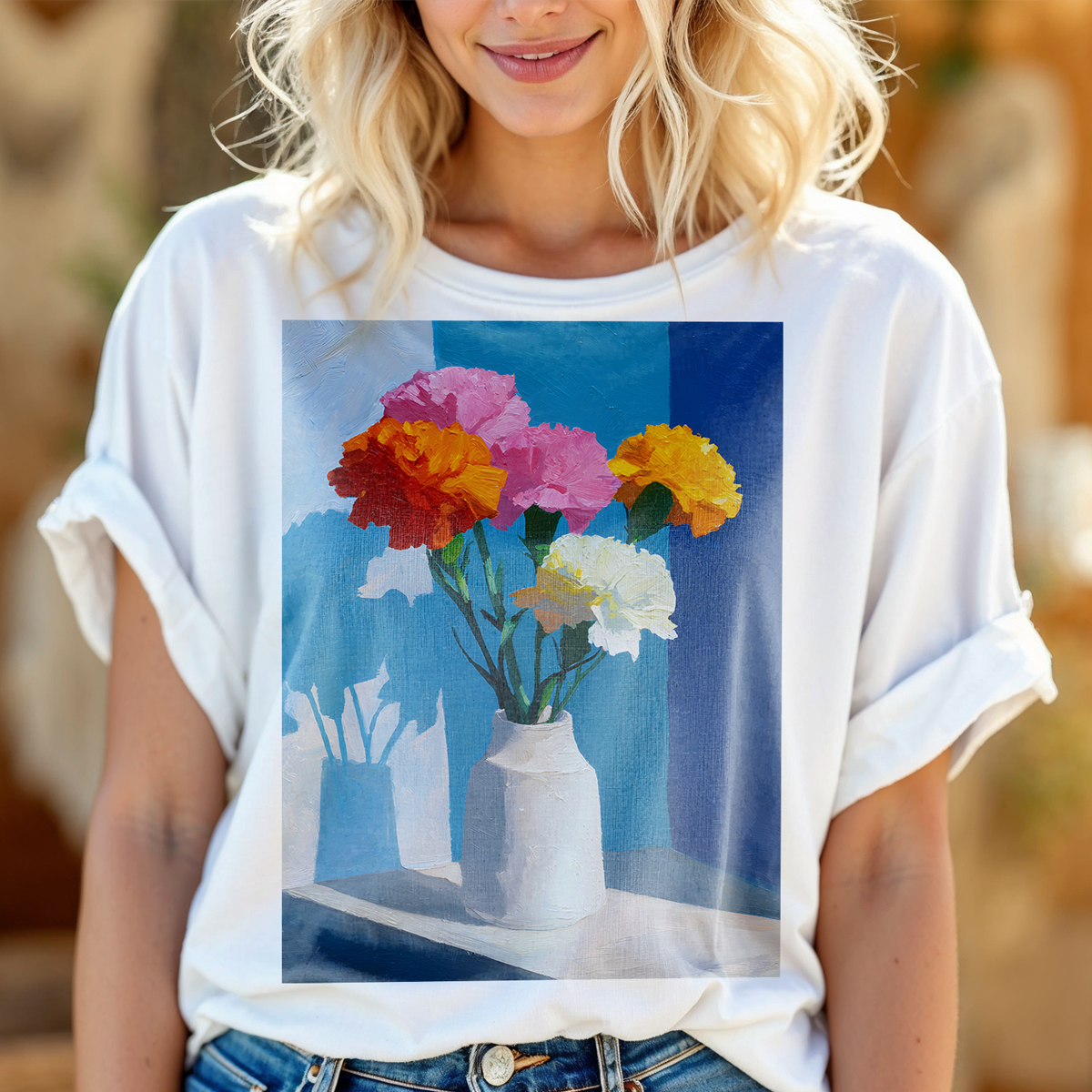 No.61 January Carnations Birth Flower T-Shirt – Premium Fine Art Tee with YOUR Personalized Quote on Back