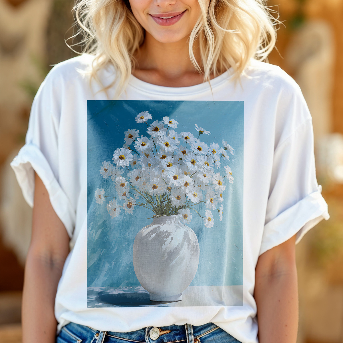 No.64 April Daisies Birth Flower T-Shirt – Premium Fine Art Tee with YOUR Personalized Quote on Back