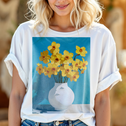 No.63 March Daffodils Birth Flower T-Shirt – Premium Fine Art Tee with YOUR Personalized Quote on Back