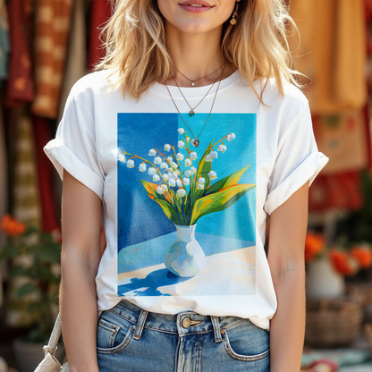 No.65 May Lily of the Valley Birth Flower T-Shirt – Premium Fine Art Tee with YOUR Personalized Quote on Back