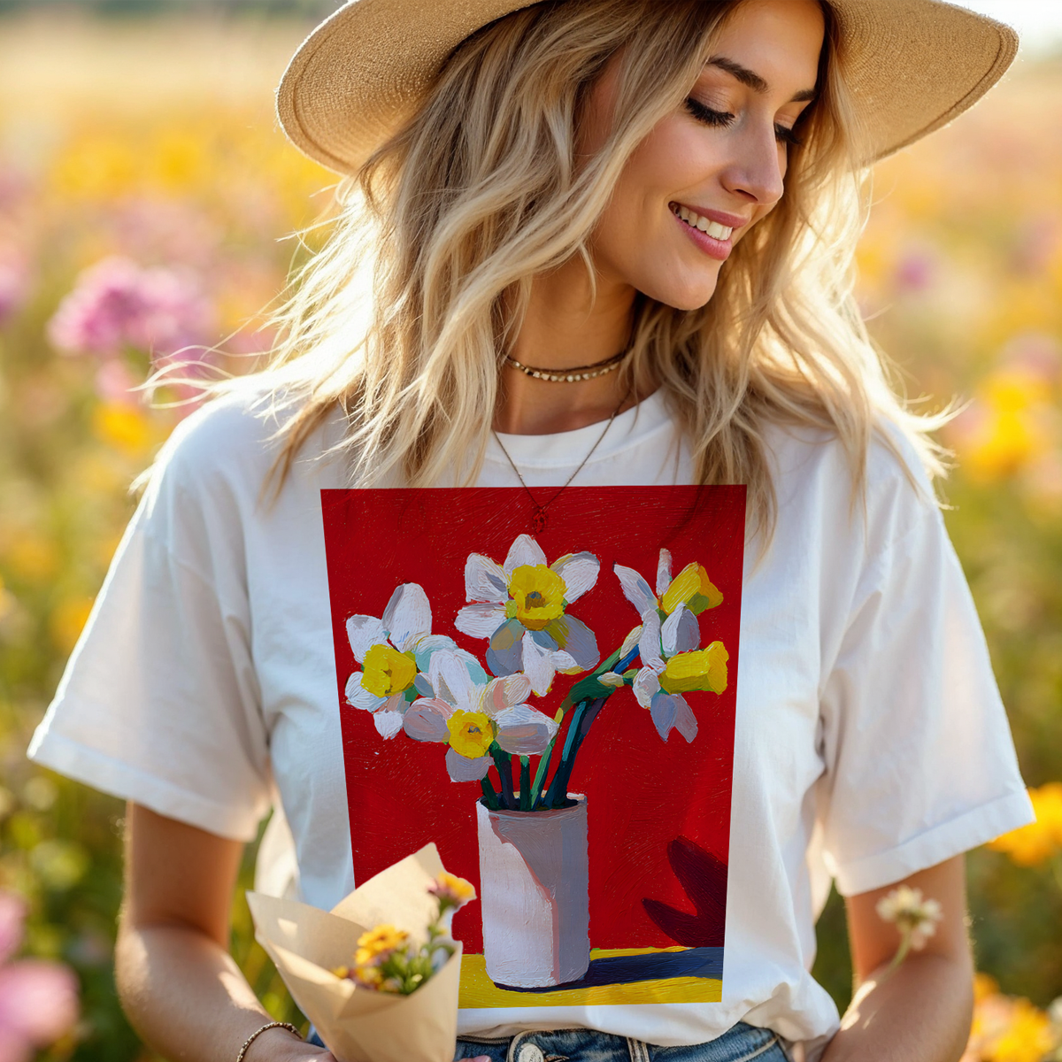 No.77 Floral Fine Art T-Shirt, Premium Quality Tee with YOUR Personalized Quote on Back