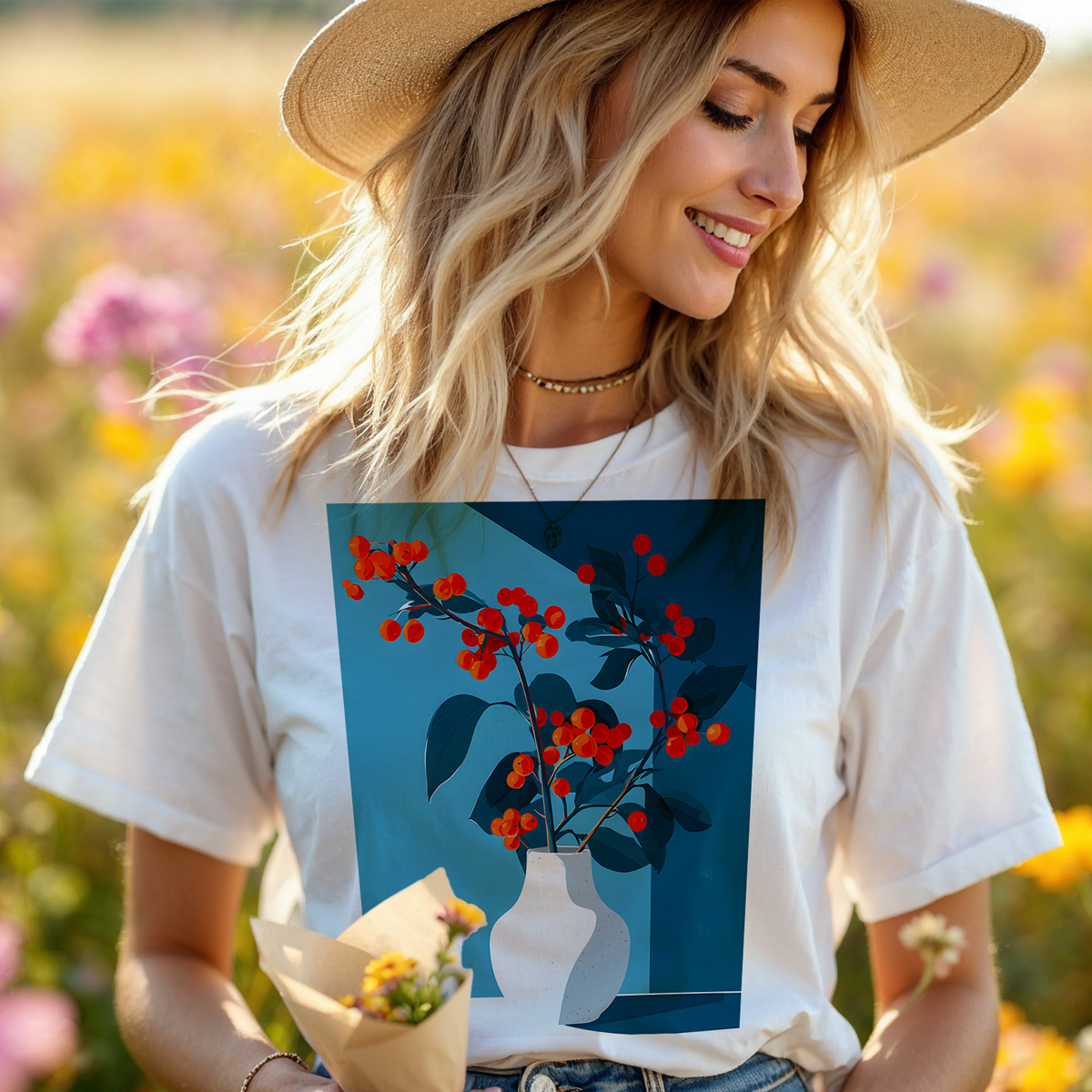 No.75 Floral Fine Art T-Shirt, Premium Quality Tee with YOUR Personalized Quote on Back