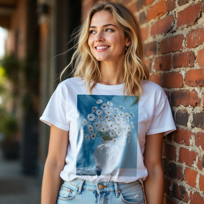 No.64 April Daisies Birth Flower T-Shirt – Premium Fine Art Tee with YOUR Personalized Quote on Back
