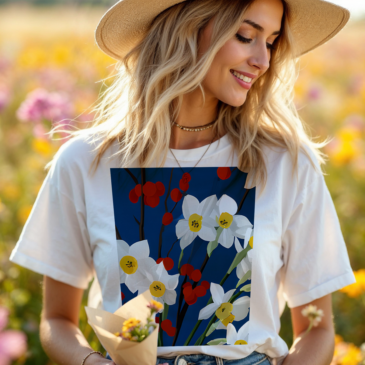 No.84 Floral Fine Art T-Shirt, Premium Quality Tee with YOUR Personalized Quote on Back