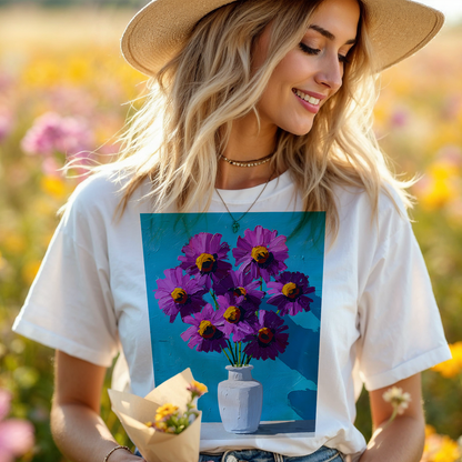 No.69 September Asters Birth Flower T-Shirt – Premium Fine Art Tee with YOUR Personalized Quote on Back