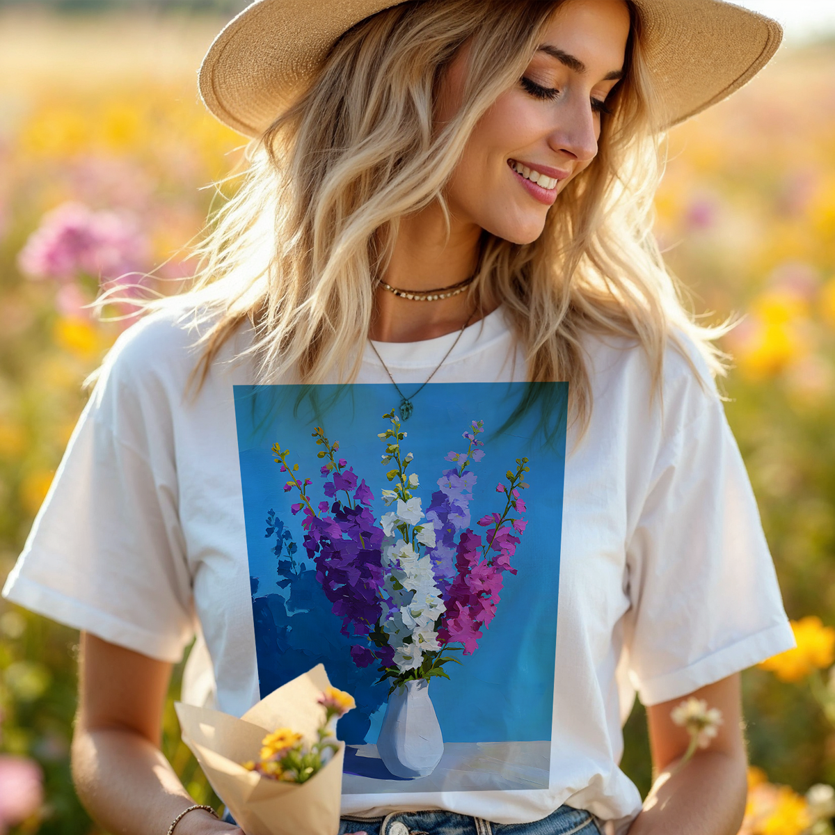 No.67 July Delphiniums Birth Flower T-Shirt – Premium Fine Art Tee with YOUR Personalized Quote on Back