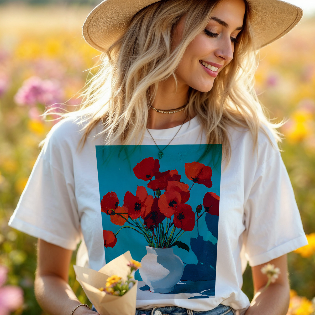 No.68 August Poppies Birth Flower T-Shirt – Premium Fine Art Tee with YOUR Personalized Quote on Back