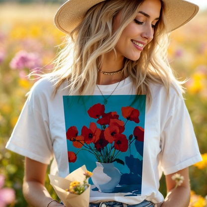 No.68 August Poppies Birth Flower T-Shirt – Premium Fine Art Tee with YOUR Personalized Quote on Back