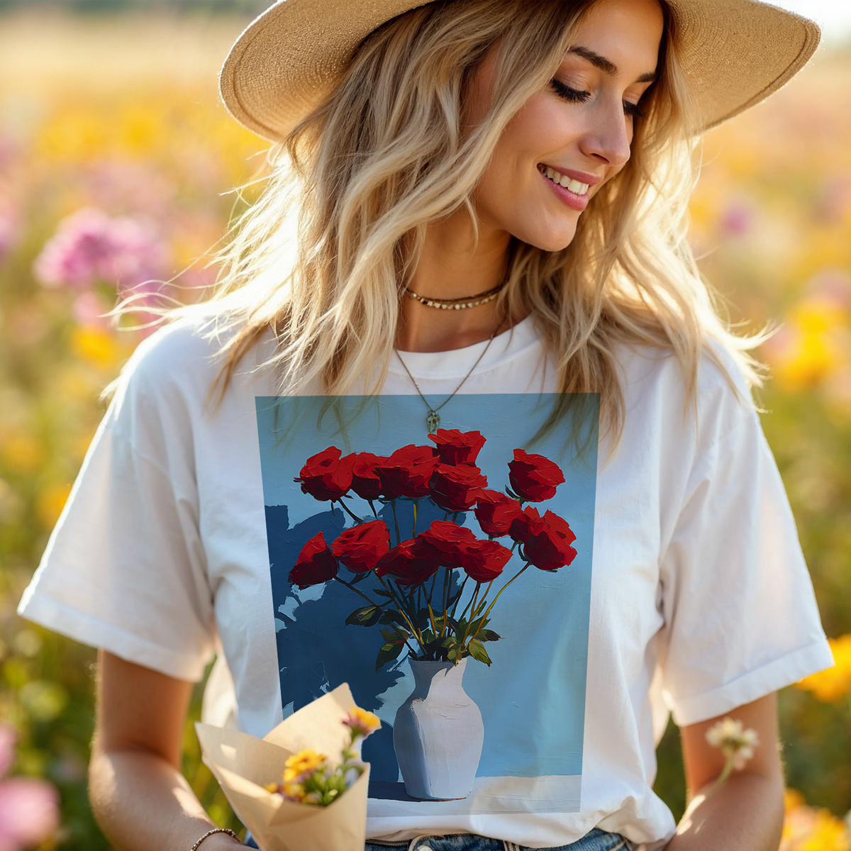 No.66 June Roses Birth Flower T-Shirt – Premium Fine Art Tee with YOUR Personalized Quote on Back