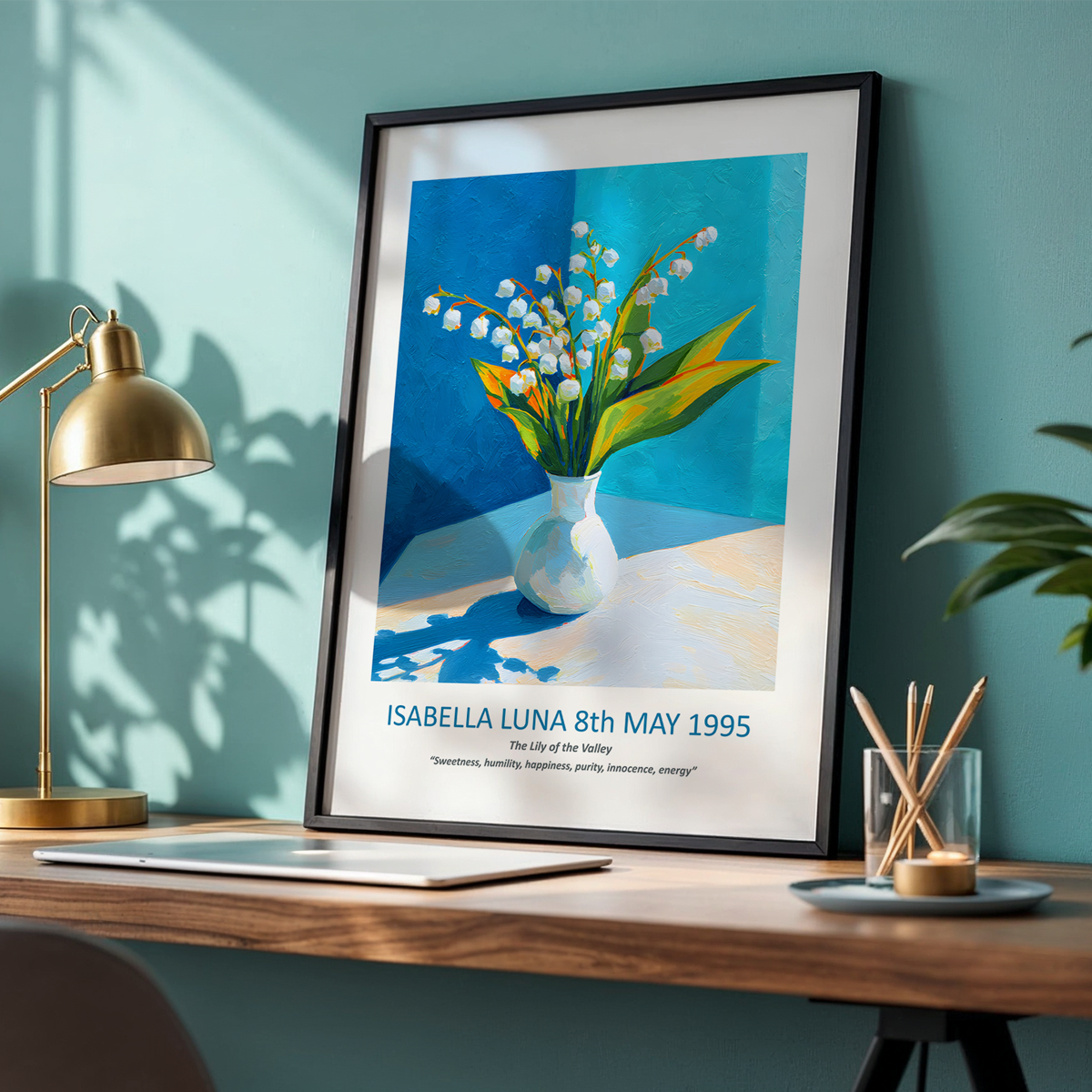 No.17 "May Lily of the Valley", Personalised, birth month flower, fine art print on museum grade paper in high quality black wooden frame
