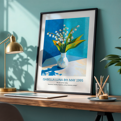 No.17 "May Lily of the Valley", Personalised, birth month flower, fine art print on museum grade paper in high quality black wooden frame