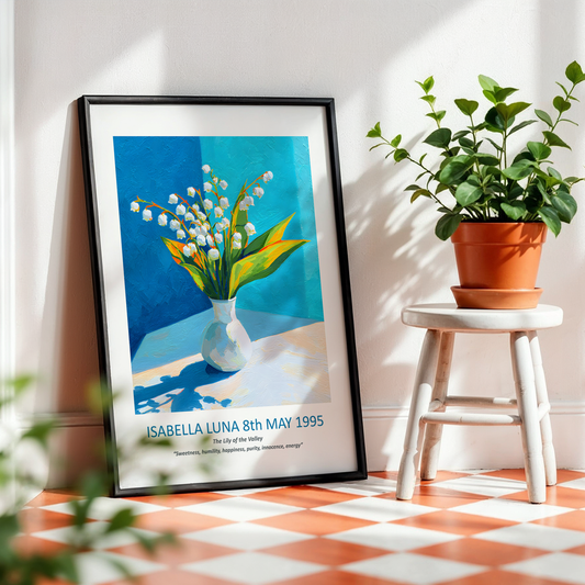 No.17 "May Lily of the Valley", Personalised, birth month flower, fine art print on museum grade paper in high quality black wooden frame