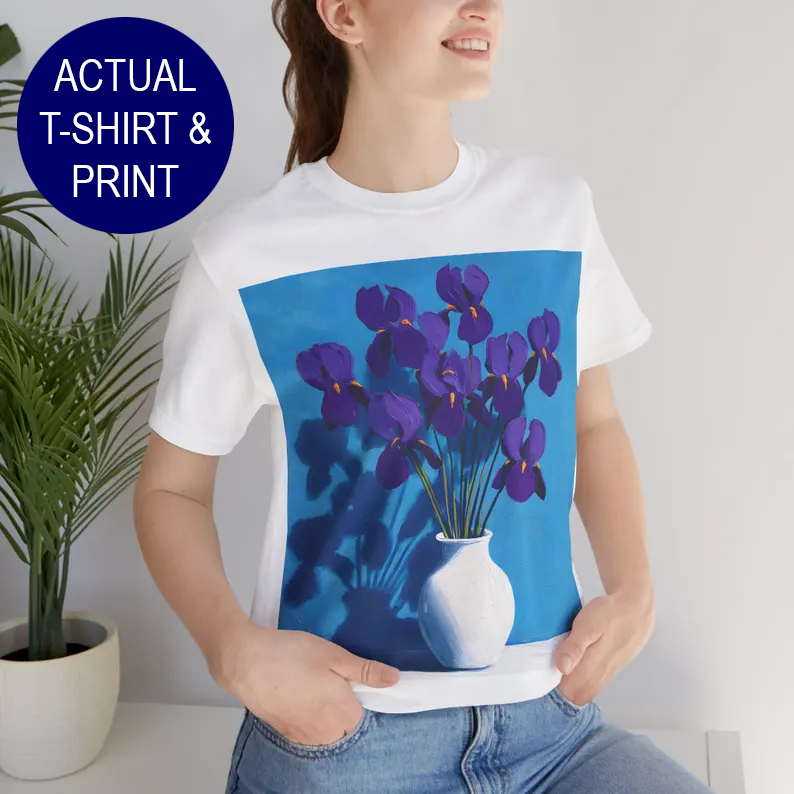 No.62 February Irises Birth Flower T-Shirt – Premium Fine Art Tee with YOUR Personalized Quote on Back