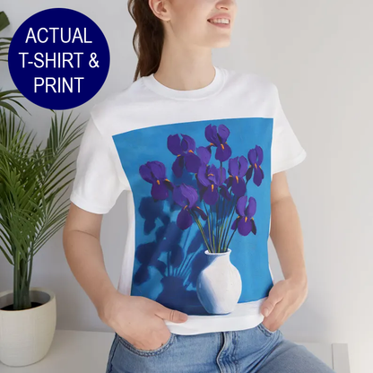 No.62 February Irises Birth Flower T-Shirt – Premium Fine Art Tee with YOUR Personalized Quote on Back