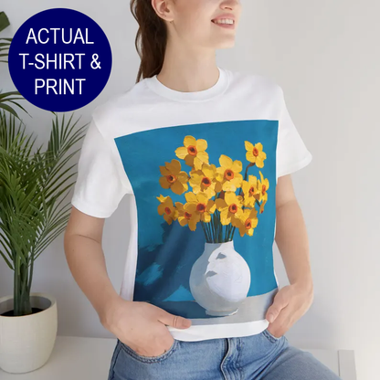 No.63 March Daffodils Birth Flower T-Shirt – Premium Fine Art Tee with YOUR Personalized Quote on Back