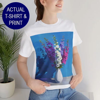 No.67 July Delphiniums Birth Flower T-Shirt – Premium Fine Art Tee with YOUR Personalized Quote on Back
